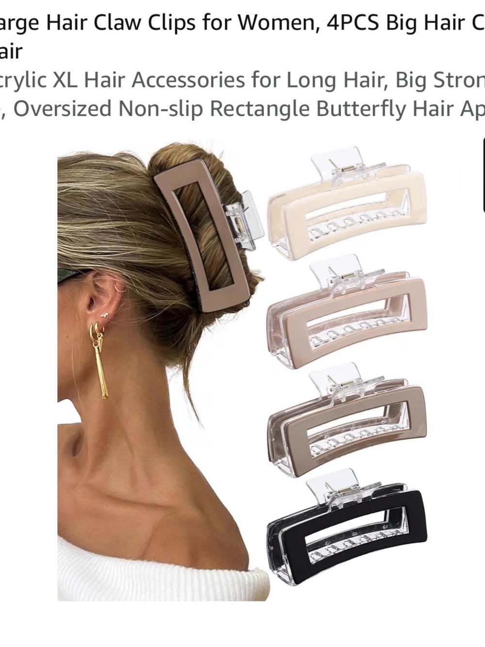 Set of 3 Womenโs Oversized Rectangle Hair Claw Clips - Neutral Tones